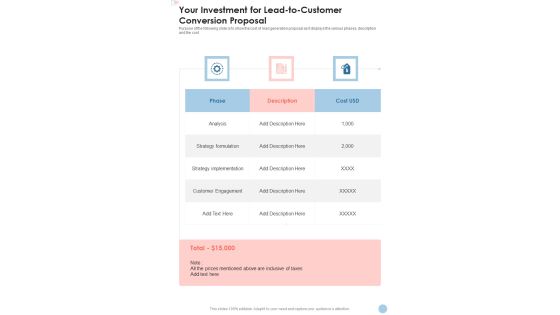 Your Investment For Lead To Customer Conversion Proposal One Pager Sample Example Document Your Investment For Lead To Customer Conversion Proposal One Pager Sample Example Document