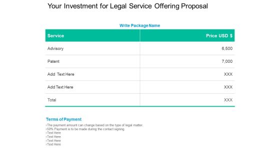 Your Investment For Legal Service Offering Proposal Ppt PowerPoint Presentation Pictures Background Images