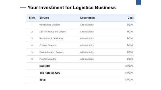 Your Investment For Logistics Business Ppt PowerPoint Presentation Model Master Slide Your Investment For Logistics Business Ppt PowerPoint Presentation Model Master Slide