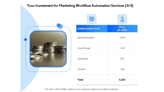 Your Investment For Marketing Workflow Automation Services Analytics Ppt Show Background Images PDF Your Investment For Marketing Workflow Automation Services Analytics Ppt Show Background Images PDF