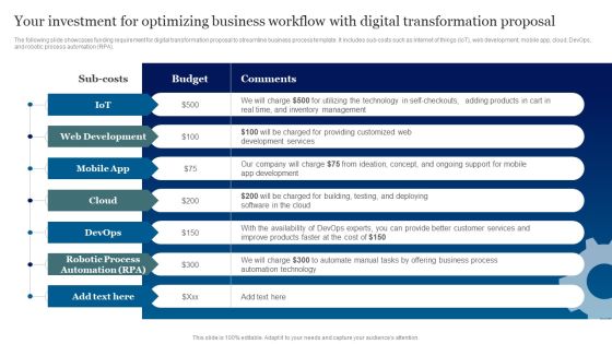 Your Investment For Optimizing Business Workflow With Digital Transformation Proposal Mockup PDF Your Investment For Optimizing Business Workflow With Digital Transformation Proposal Mockup PDF