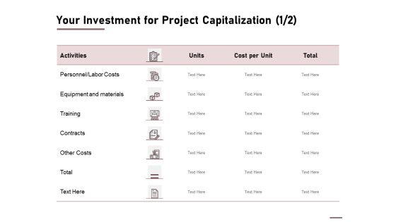 Your Investment For Project Capitalization Costs Ppt Infographics Example PDF Your Investment For Project Capitalization Costs Ppt Infographics Example PDF
