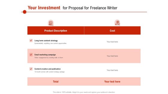 Your Investment For Proposal For Freelance Writer Ppt PowerPoint Presentation Model Graphics PDF Your Investment For Proposal For Freelance Writer Ppt PowerPoint Presentation Model Graphics PDF