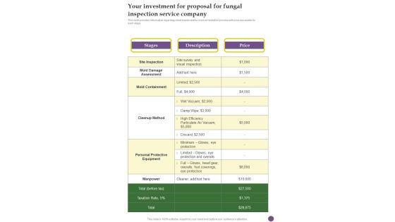 Your Investment For Proposal For Fungal Inspection Service Company One Pager Sample Example Document Your Investment For Proposal For Fungal Inspection Service Company One Pager Sample Example Document