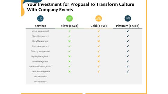 Your Investment For Proposal To Transform Culture With Company Events Ppt Pictures Slides PDF Your Investment For Proposal To Transform Culture With Company Events Ppt Pictures Slides PDF