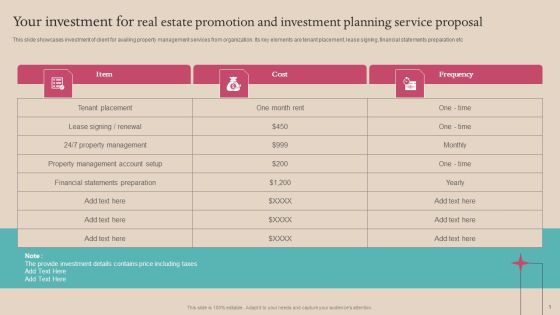 Your Investment For Real Estate Promotion And Investment Planning Service Proposal Brochure PDF Your Investment For Real Estate Promotion And Investment Planning Service Proposal Brochure PDF