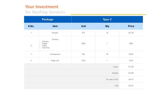 Your Investment For Roofing Services Ppt PowerPoint Presentation Summary Pictures Your Investment For Roofing Services Ppt PowerPoint Presentation Summary Pictures