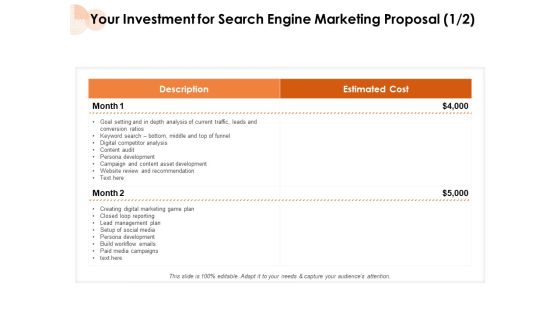Your Investment For Search Engine Marketing Proposal Cost Ppt PowerPoint Presentation Gallery Mockup PDF Your Investment For Search Engine Marketing Proposal Cost Ppt PowerPoint Presentation Gallery Mockup PDF