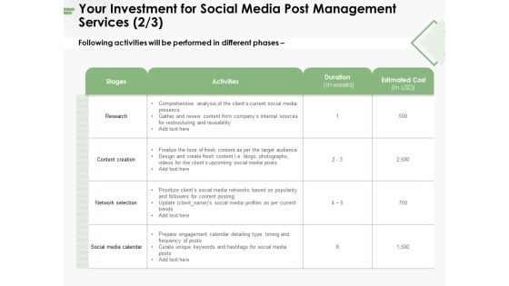Your Investment For Social Media Post Management Services Content Ppt PowerPoint Presentation File Backgrounds PDF Your Investment For Social Media Post Management Services Content Ppt PowerPoint Presentation File Backgrounds PDF