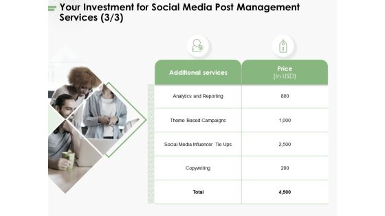 Your Investment For Social Media Post Management Services Ppt PowerPoint Presentation Show Background Image PDF Your Investment For Social Media Post Management Services Ppt PowerPoint Presentation Show Background Image PDF
