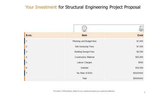 Your Investment For Structural Engineering Project Proposal Ppt Model Example Introduction PDF Your Investment For Structural Engineering Project Proposal Ppt Model Example Introduction PDF