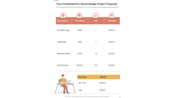Your Investment For Visual Design Project Proposal One Pager Sample Example Document Your Investment For Visual Design Project Proposal One Pager Sample Example Document
