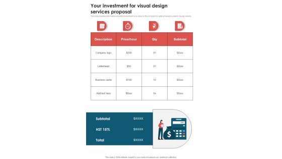 Your Investment For Visual Design Services Proposal One Pager Sample Example Document Your Investment For Visual Design Services Proposal One Pager Sample Example Document