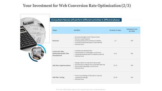 Your Investment For Web Conversion Rate Optimization Activities Ppt Layouts Demonstration PDF Your Investment For Web Conversion Rate Optimization Activities Ppt Layouts Demonstration PDF