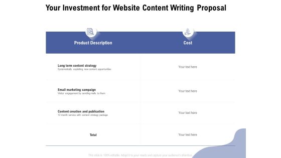 Your Investment For Website Content Writing Proposal Ppt Professional Topics PDF Your Investment For Website Content Writing Proposal Ppt Professional Topics PDF