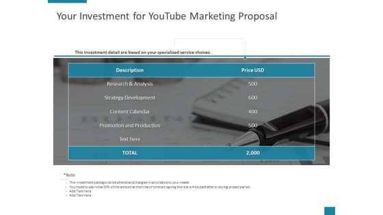 Your Investment For Youtube Marketing Proposal Ppt PowerPoint Presentation Pictures File Formats