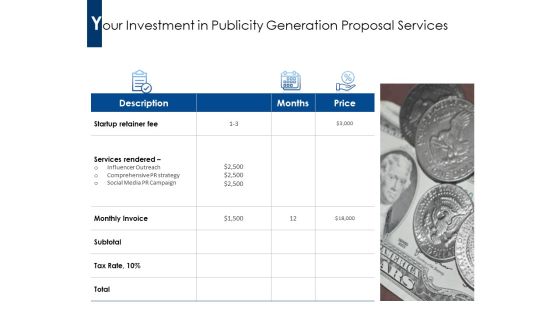 Your Investment In Publicity Generation Proposal Services Ppt PowerPoint Presentation Professional Outline Your Investment In Publicity Generation Proposal Services Ppt PowerPoint Presentation Professional Outline