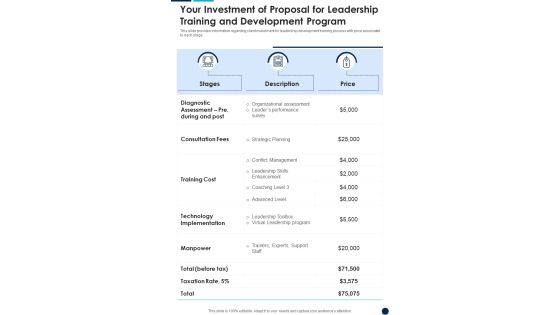 Your Investment Of Leadership Training And Development Program One Pager Sample Example Document