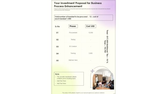 Your Investment Proposal For Business Process Enhancement One Pager Sample Example Document Your Investment Proposal For Business Process Enhancement One Pager Sample Example Document
