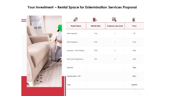 Your Investment Rental Space For Extermination Services Proposal Ppt PowerPoint Presentation Slides Display Your Investment Rental Space For Extermination Services Proposal Ppt PowerPoint Presentation Slides Display