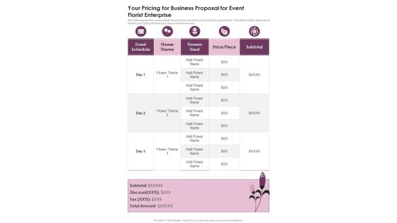 Your Pricing For Business Proposal For Event Florist Enterprise One Pager Sample Example Document
