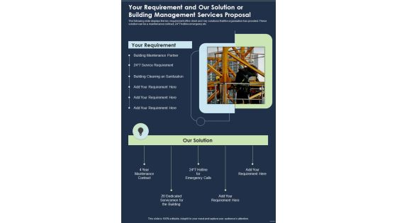 Your Requirement And Our Solution Or Building Management Services Proposal One Pager Sample Example Document Your Requirement And Our Solution Or Building Management Services Proposal One Pager Sample Example Document