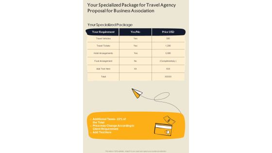 Your Specialized Package For Travel Agency Proposal For Business Association One Pager Sample Example Document