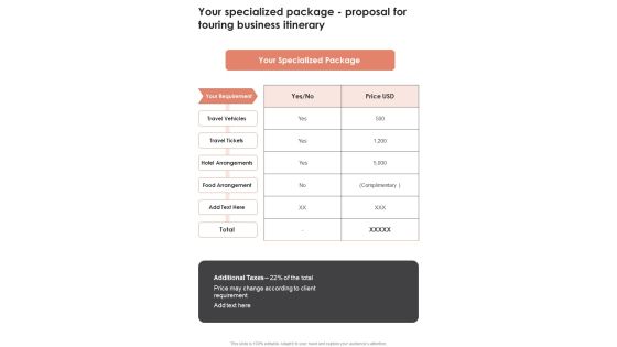 Your Specialized Package Proposal For Touring Business Itinerary One Pager Sample Example Document Your Specialized Package Proposal For Touring Business Itinerary One Pager Sample Example Document