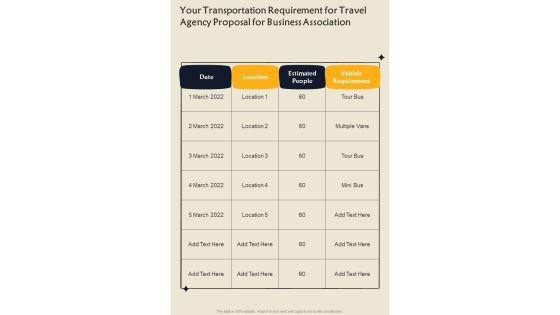 Your Transportation Requirement For Travel Agency Proposal For Business Association One Pager Sample Example Document