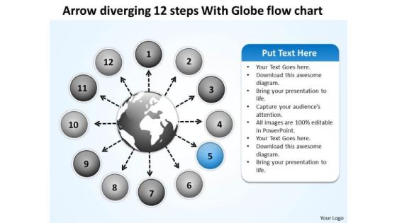 Arrow Diverging 12 Steps With Globe Flow Chart Circular Motion PowerPoint Slides