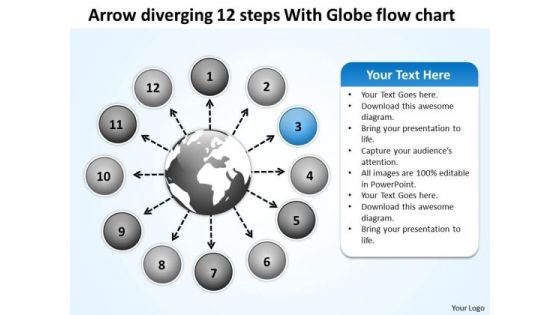 Arrow Diverging 12 Steps With Globe Flow Chart Cycle PowerPoint Templates