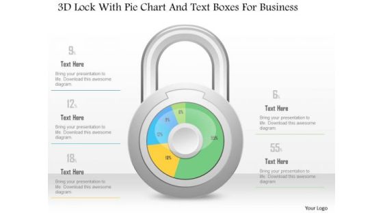 Business Diagram 3d Lock With Pie Chart And Text Boxes For Business PowerPoint Slide Business Diagram 3d Lock With Pie Chart And Text Boxes For Business PowerPoint Slide