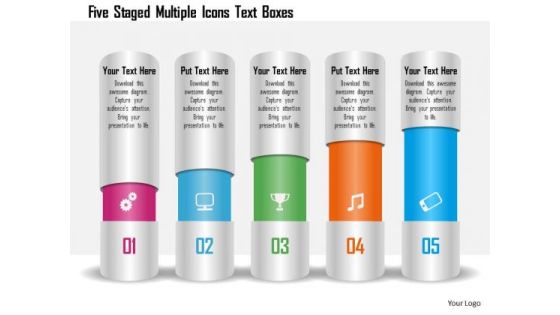 Business Diagram Five Staged Multiple Icons Text Boxes Presentation Template