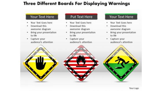 Business Diagram Three Different Boards For Displaying Warnings Presentation Template
