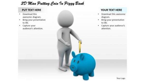 Business Plan Strategy 3d Man Putting Coin Piggy Bank Character Models