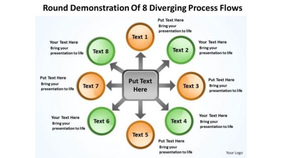 Demonstration Of 8 Diverging Process Flows Circular Layout Diagram PowerPoint Templates