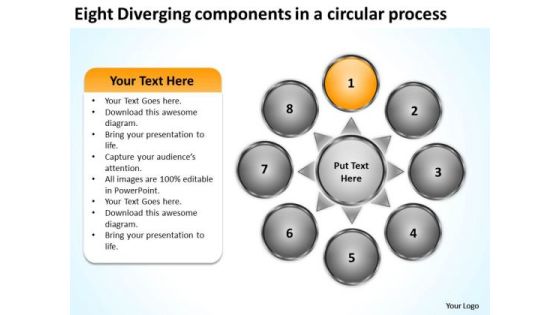 Eight Diverging Components A Circular Process Cycle Layout Network PowerPoint Slides Eight Diverging Components A Circular Process Cycle Layout Network PowerPoint Slides