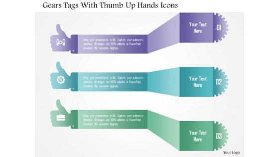 Gears Tags With Thumb Up Hands Icons PowerPoint Template Gears Tags With Thumb Up Hands Icons PowerPoint Template