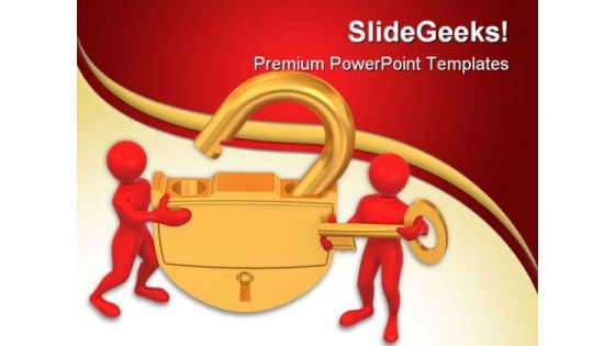 Golden Lock With Key Security PowerPoint Templates And PowerPoint Backgrounds 0211