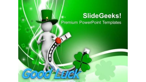 Green Hat Man With Good Luck Symbol PowerPoint Templates Ppt Backgrounds For Slides 0313