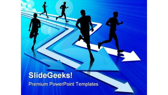 Group Of Five Man Running On Arrow Competition PowerPoint Templates And PowerPoint Backgrounds 0411 Group Of Five Man Running On Arrow Competition PowerPoint Templates And PowerPoint Backgrounds 0411