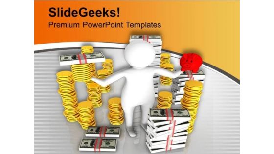 Man Holdng Money And Piggy Bank PowerPoint Templates Ppt Backgrounds For Slides 0713