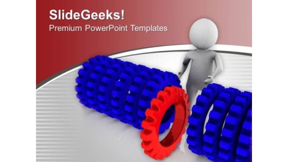 Man Pushing Different Red Gear PowerPoint Templates Ppt Backgrounds For Slides 0713