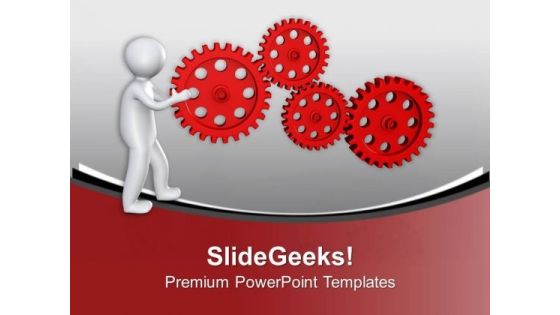 Man Pushing Red Gears PowerPoint Templates Ppt Backgrounds For Slides 0713 Man Pushing Red Gears PowerPoint Templates Ppt Backgrounds For Slides 0713