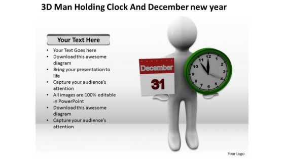 People Business 3d Man Holding Clock And December New Year PowerPoint Slides