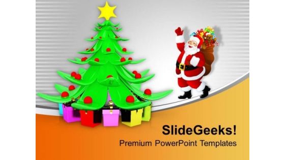 Santa Claus Dancing Around Christmas Tree PowerPoint Templates Ppt Backgrounds For Slides 1212