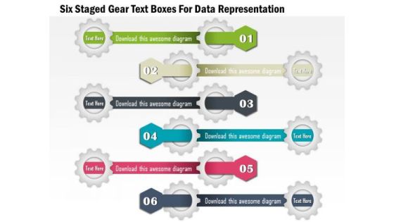 Six Staged Gear Text Boxes For Data Representation Presentation Template