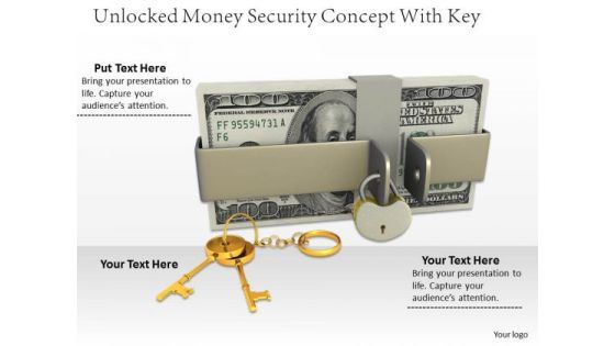 Stock Photo 3d Dollars Stack With Unlocked Lock And Keys PowerPoint Slide