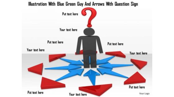 Stock Photo 3d Man Standing In Arrows With Question Mark PowerPoint Slide