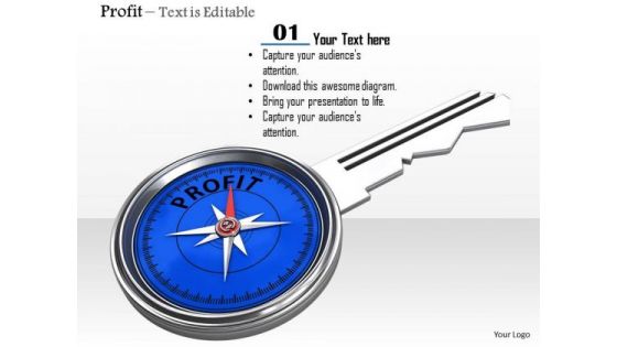 Stock Photo Blue Compass Key Of Profit PowerPoint Slide